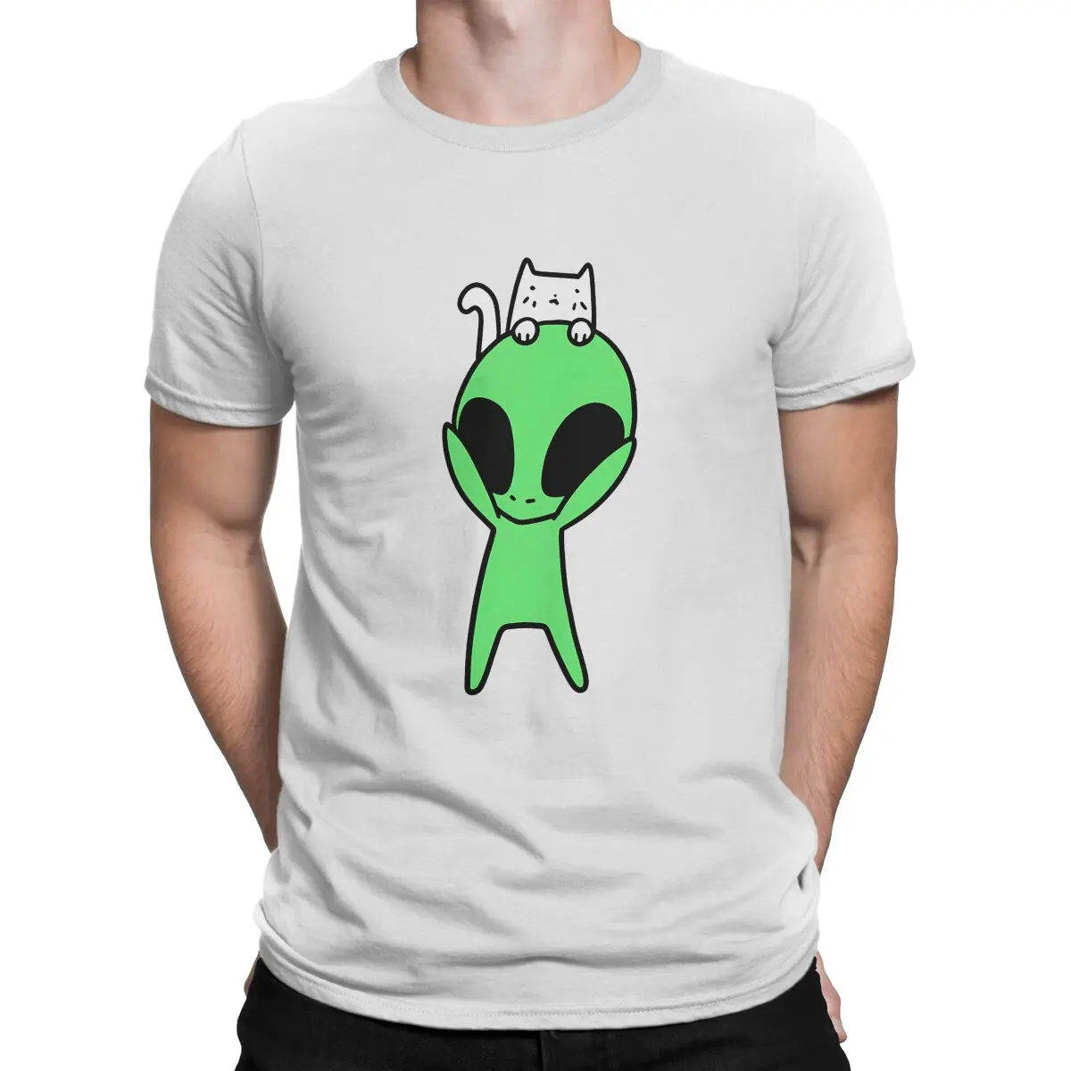 A Cat On The Head Graphic Polyester TShirt Alien Style Tops Leisure T Shirt Men Tee