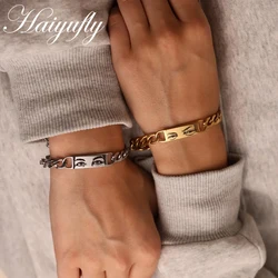 Haiyufly Personalized Engrave Eyes Bar Bracelet for Women Men Stainless Steel Custom Cuban Chain Couple Anniversary Jewelry Gift