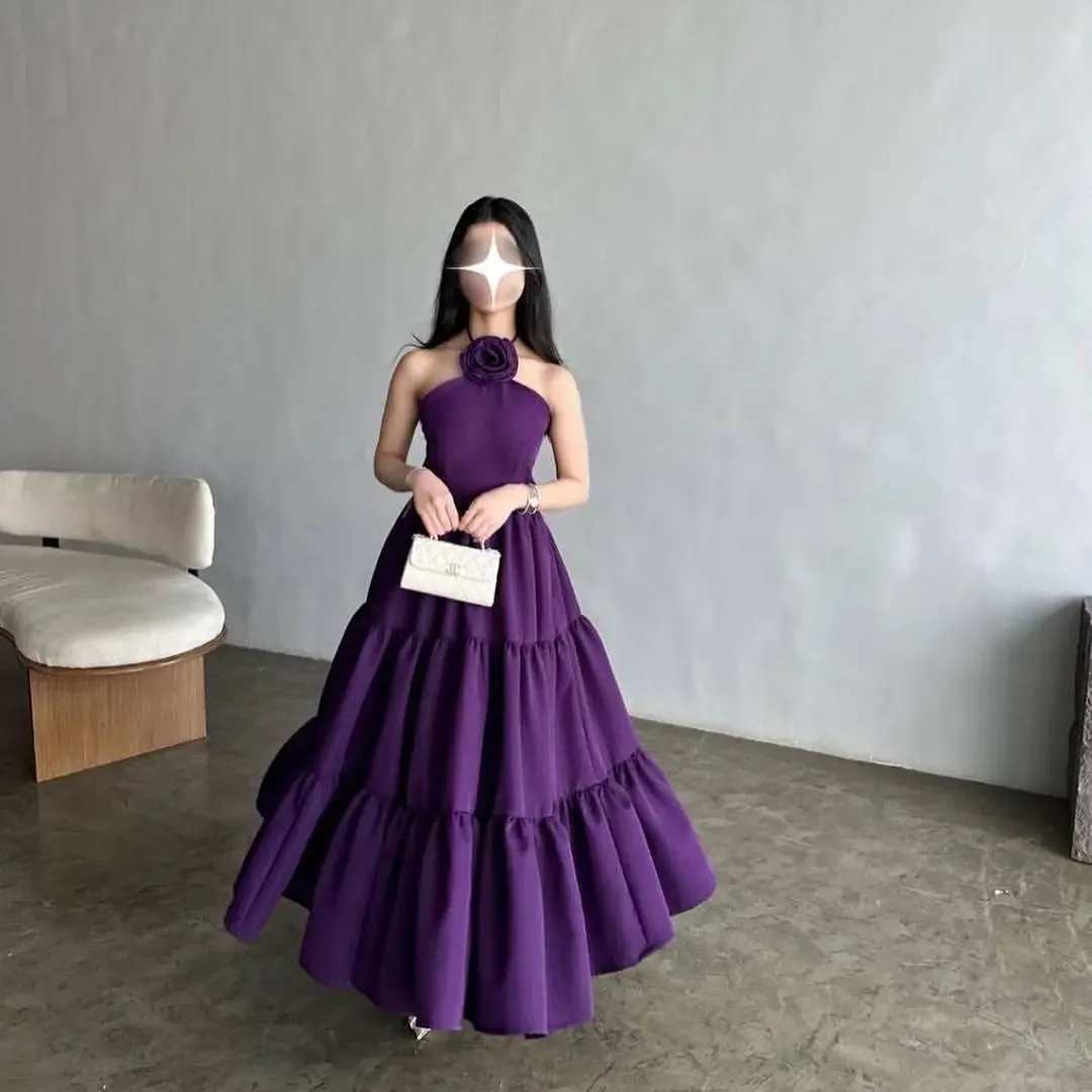 

Customized Purple Halter Prom Dresses A-Line Pleats Formal Evening Dresses Floor Length Wedding Guest Party Dress for Women