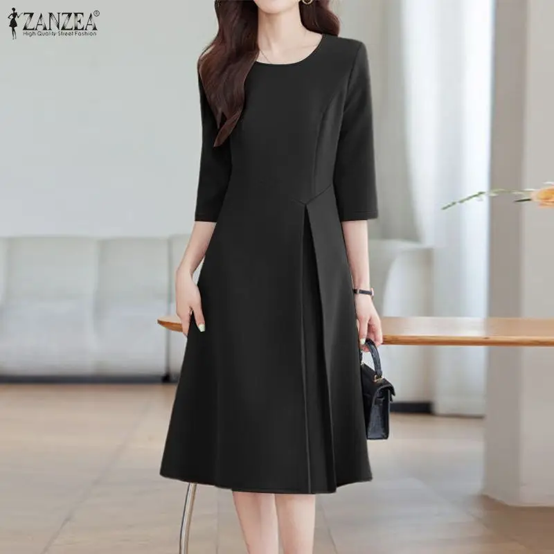 

ZANZEA Elegant Black A-Line Dress Women's O-Neck 3/4 Sleeve Fit and Flare Knee-Length Dresses Spring Minimalist Woman Clothes