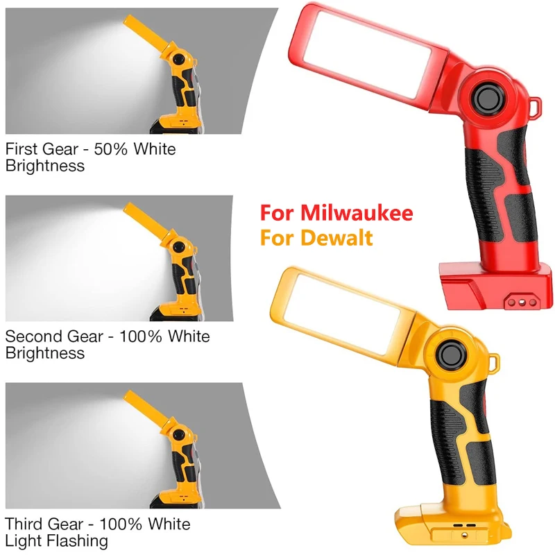 

For Milwaukee/Dewalt 18V Battery 12W Cordless LED Flashlight Work Light Handheld Spotlight Desk with USB 90 Degree Pivoting Head