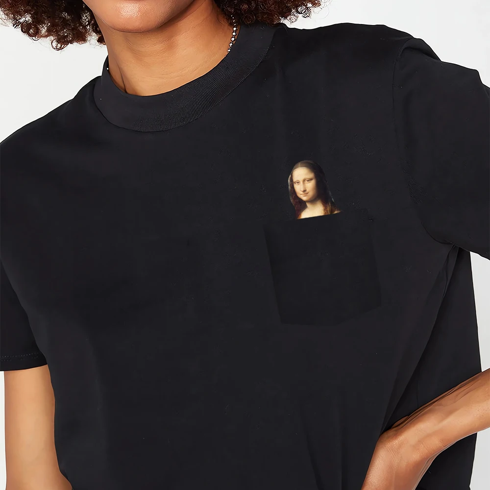 تي شيرت قطني قصير الأكمام للنساء ، مونا ليزا ، قطط حيوانات ، إصبع متوسط ، جيب مطبوع ، طلاء مضحك ، ملابس نسائية