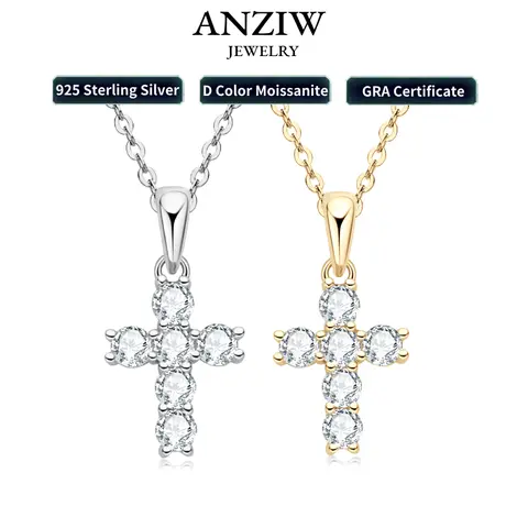 Anziw 클래식 참 크로스 펜던트 목걸이, 925 스털링 실버 모이사나이트, 인증서 포함, 여성 남성 선물, 칼라 쥬얼리