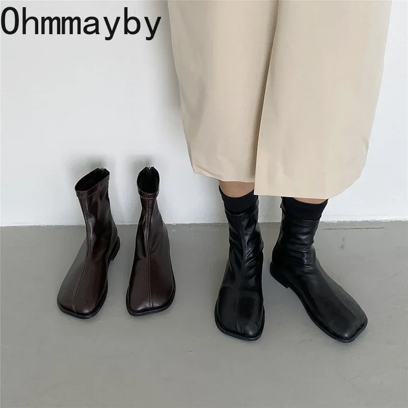 Autumn Women Slim Short Boots Fashion Back Zippers Flats Ankle Booties Comfort Soft Leather Female Shoes