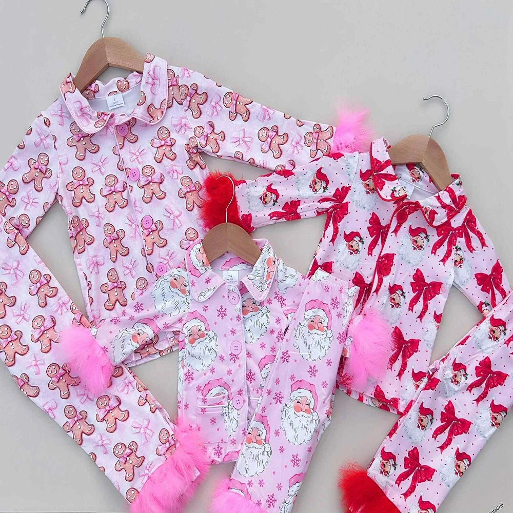 

Sibling Girls Pink Santa Fur Sleeve Button down Christmas Pajamas with Gingerbread Bow Cute Holiday Sleepwear for Kids