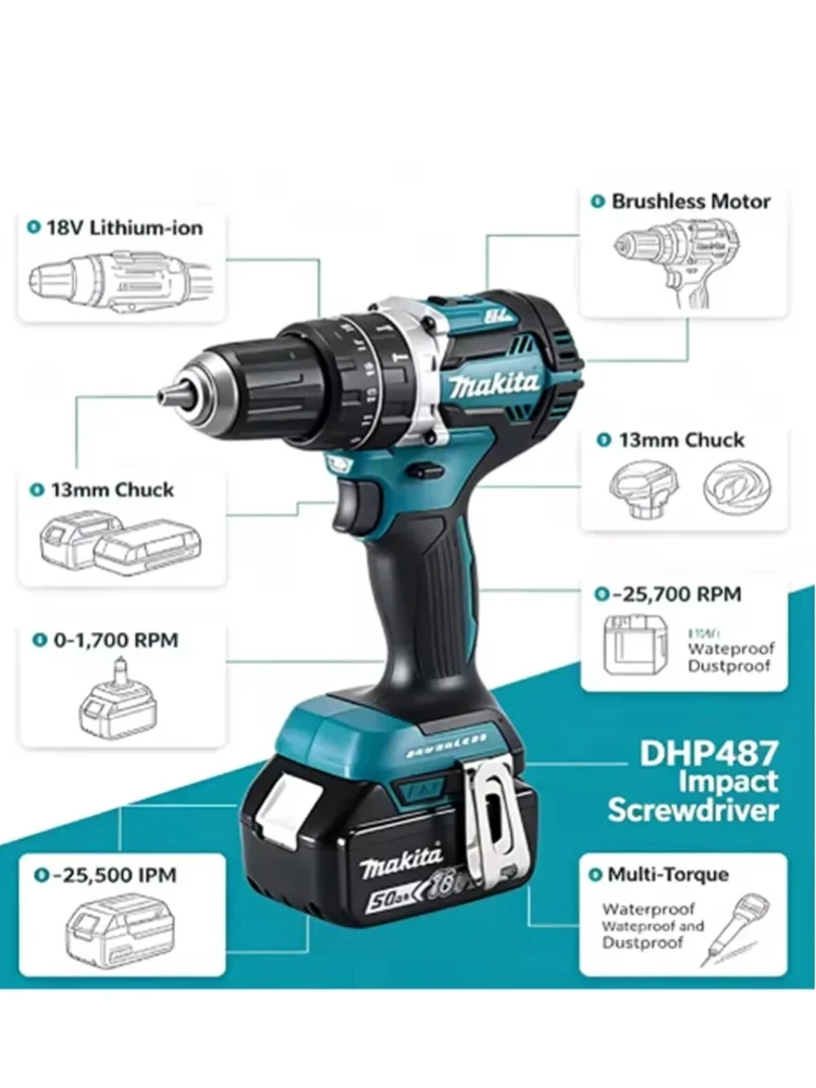 Makita DHP487 18V Lithium-Ionen Akku-Bohrhammer-Set mit bürstenlosem Motor, 13-mm-Schnellspannfutter für Heimwerker- und professionelle Arbeiten, Elektrowerkzeug-Set
