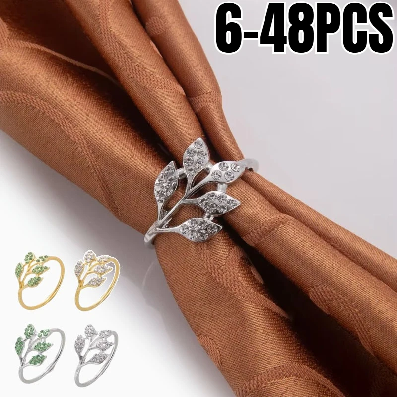 6-48PCS Bling Green Leaf Rhinestone Napkin Rings High Quality Metal Holders for Hotel Banquet Restaurant Table Decor