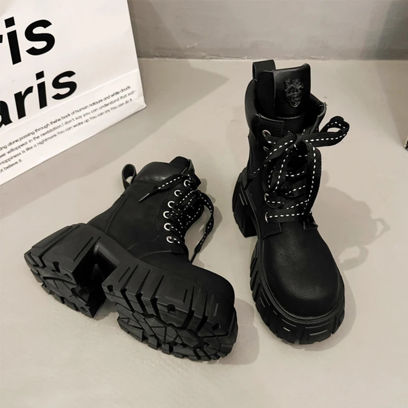 

High Heels Women's Ankle Boots Lace Up Platform Shoes 2025 Winter Trend Sneaker Sport Chelsea Boots Chunky Pumps Mujer De Botas
