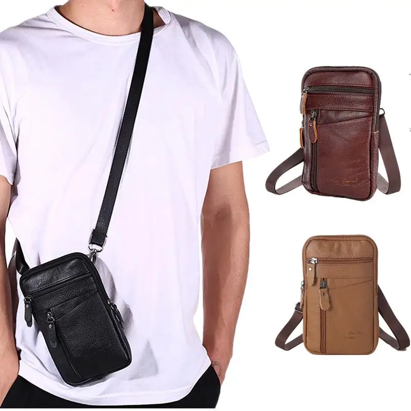

Leather Waist Bag Men's Mobile Phone Bag Wearing Belt Outdoor Sport One Shoulder Small Bag Doing Business Crossbody Bags
