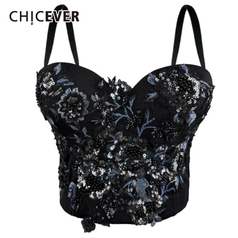 

CHICEVER Black Spliced Embroidered Female Tank Top Sweetheart Sleeveless Slimming Basics Women's Tank Tops Fashion Summer Style