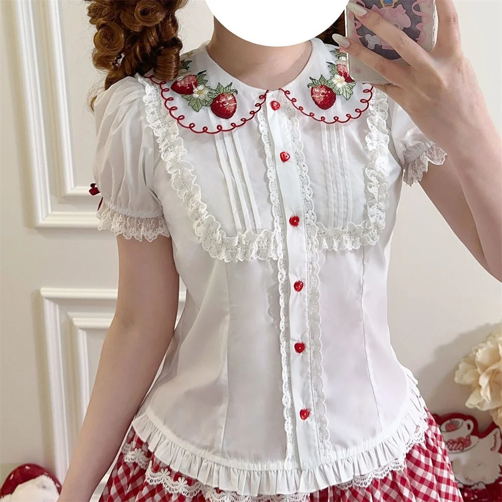 

Peter Pan Collar Women Sweet Japanese Kawaii Lolita Style Shirt Strawberry Embroidery Blouse Tops Girls Puff Sleeve Blusas Mujer