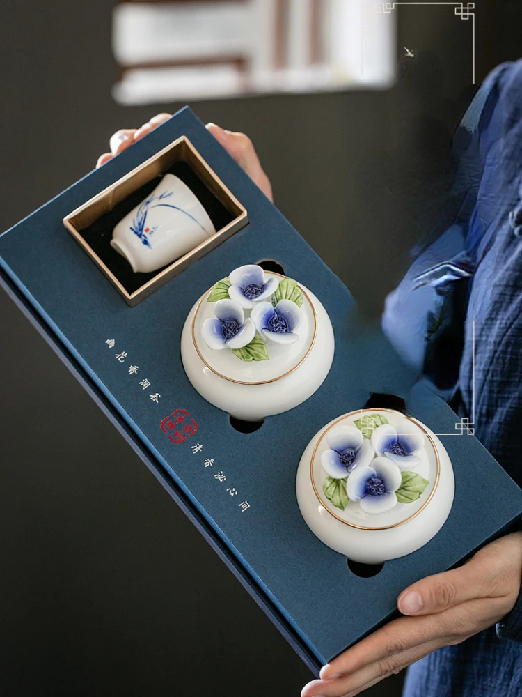 

Tea Jar Ceramic Blue Double One Cup Set Sealed Packaging Gift Box Universal Custom Storage GreenNew Chinese Style Small Size3Pcs