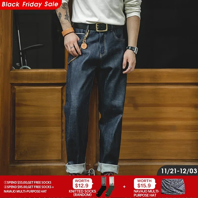 Maden Men's Autumn Winter Pants Vintage Denim Red Ear Original Cow Straight Tube Jeans Cattle Raising Long Pants