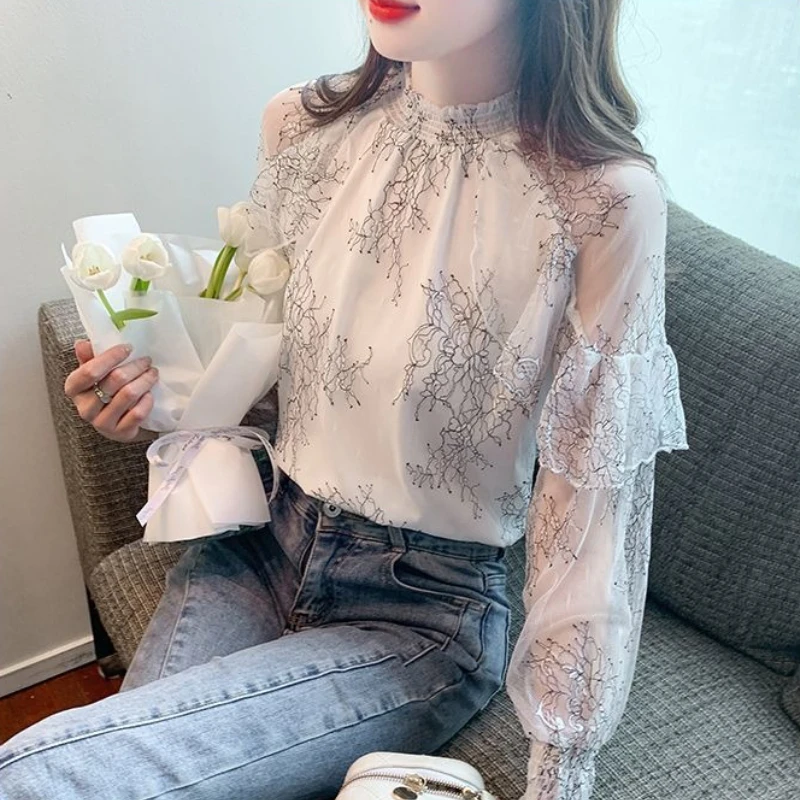 

Шифоновая женская рубашка и блузка с кружевными цветами, роскошная дизайнерская молодежная женская одежда, винтажная одежда, женские топы, тренд 2023 года, новинка