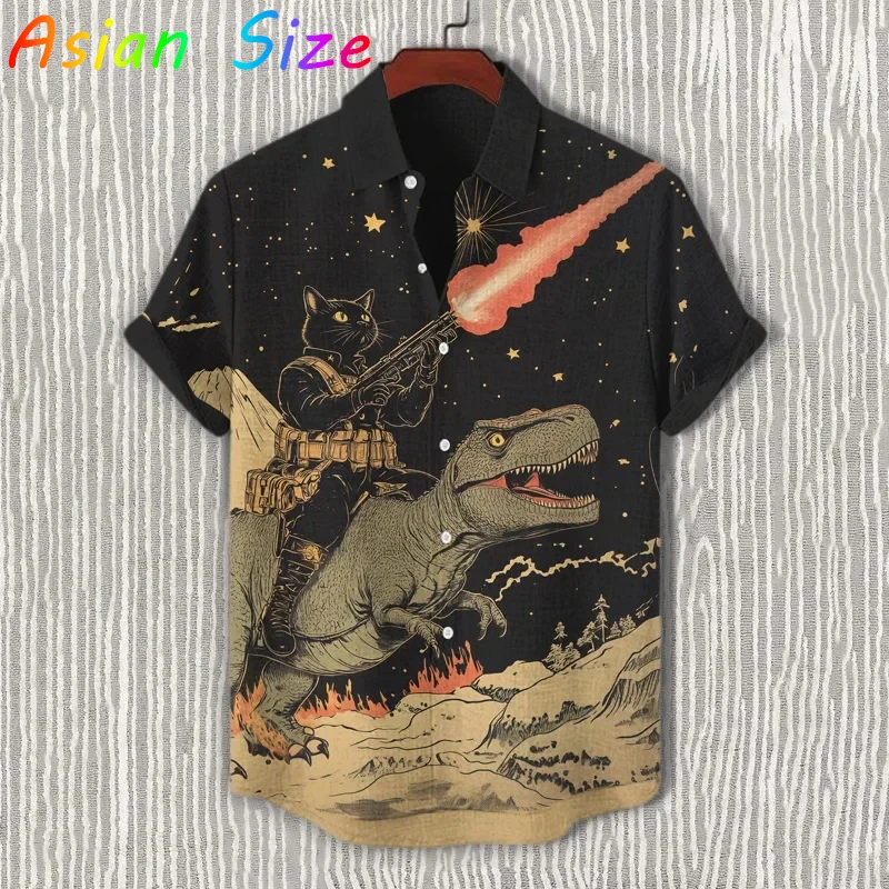 2026 Trendy Vintage Japanese Cat Rancing Dinosaur Shirts Beach Party 3d Print Hawaiian Shirt Unisex Short Sleeve Blouses Shirts