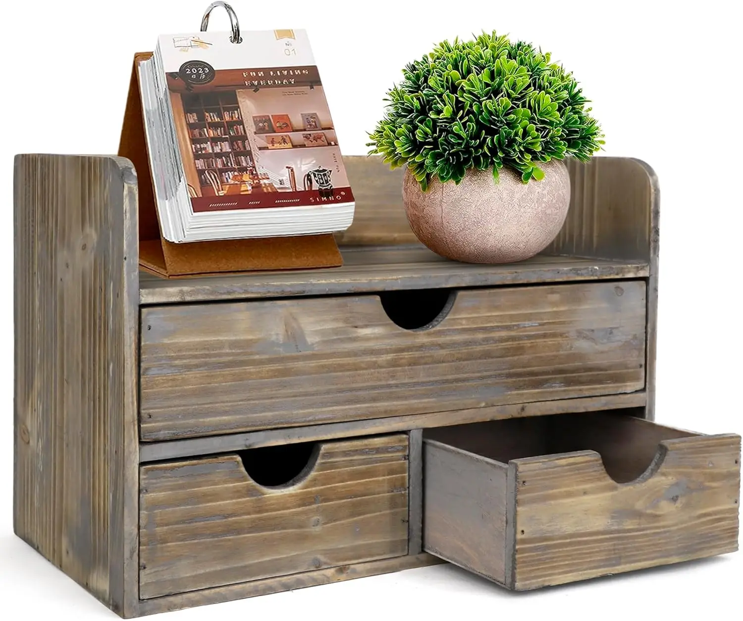 

Vintage Wooden Desk Organizer with Top Tray and 3 Drawers for Office, Bedroom, Kitchen - 13.6x9x7 Inches