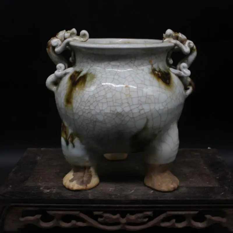 Antique Porcelain Song Hutian Kiln Carved Split Dragon Ear Incense Burner Curios Old Goods Package Old Home Furnishings Crafts