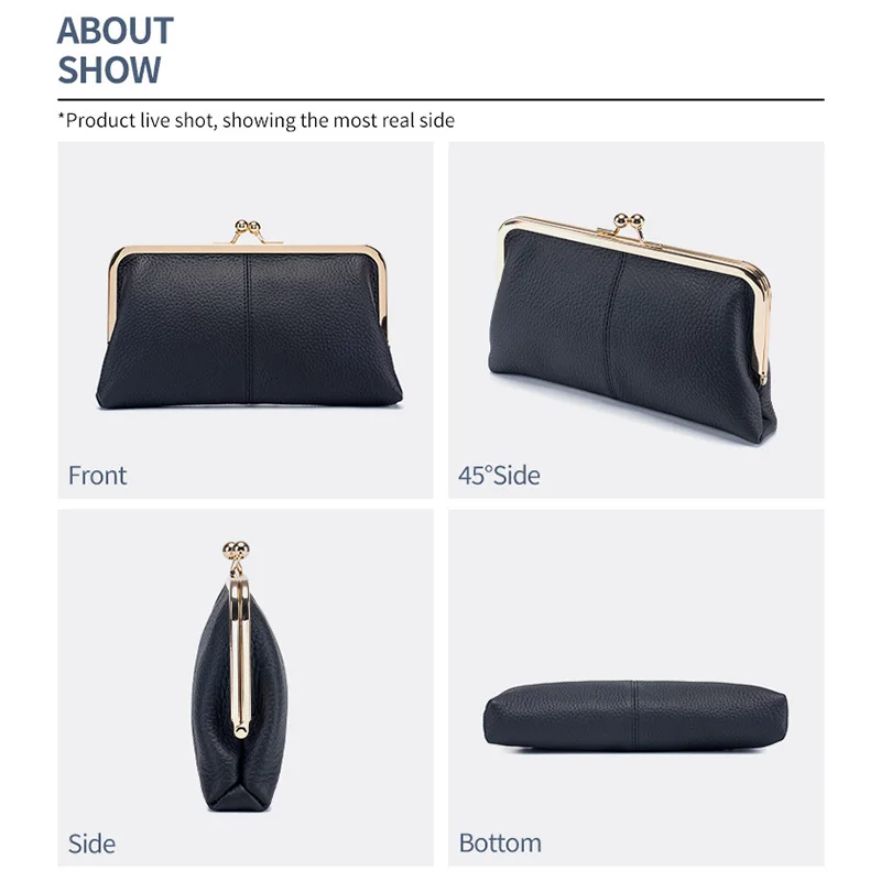 Women Genuine Leather Kiss Lock Big Capacity Wallet Card Holder Clutch Purse Bag Fashion Clip Bag Long Hand Bag Storage
