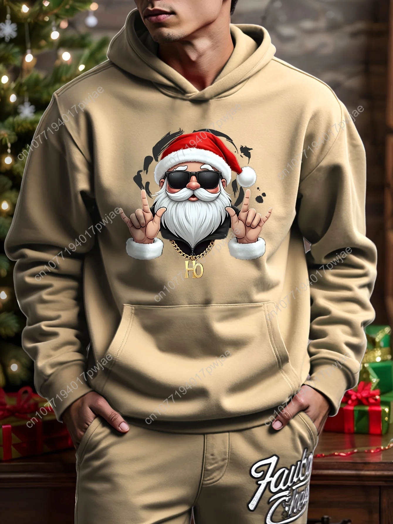 

Men'S Christmas Hooded Sweatshirt, Street Style Geometric Pattern, 100% Polyester, Non-Stretch Knit Fabric, Loose Fit, 250gsm -