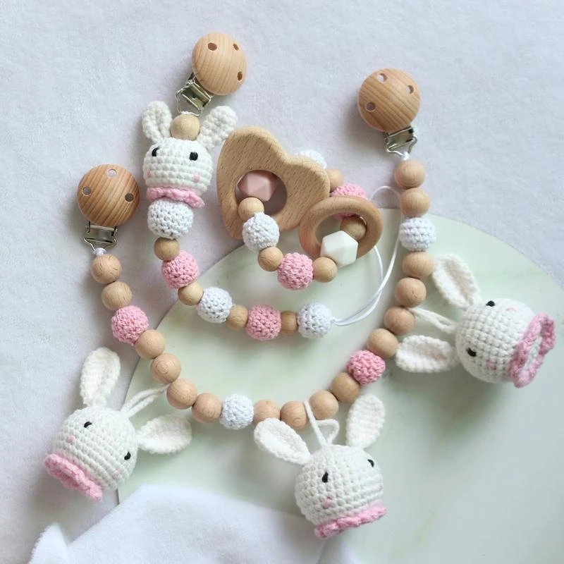 

J15U Baby Pram Stroller Hanging Pendant Rattle Pacifier Chain Clip Infants Wooden Teether Bracelet Nursing Chewing Shower