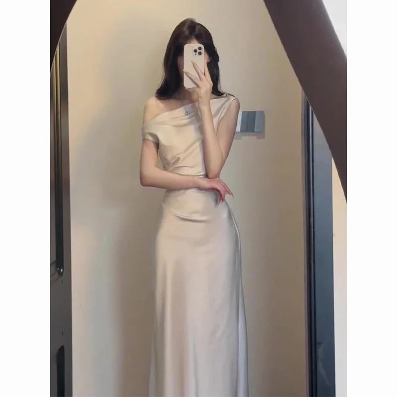 French Temperament High-end Feeling Swinging Collar Sloping Shoulder Dress Waist Bag Buttocks Vinegar Satin Summer Long Skirt