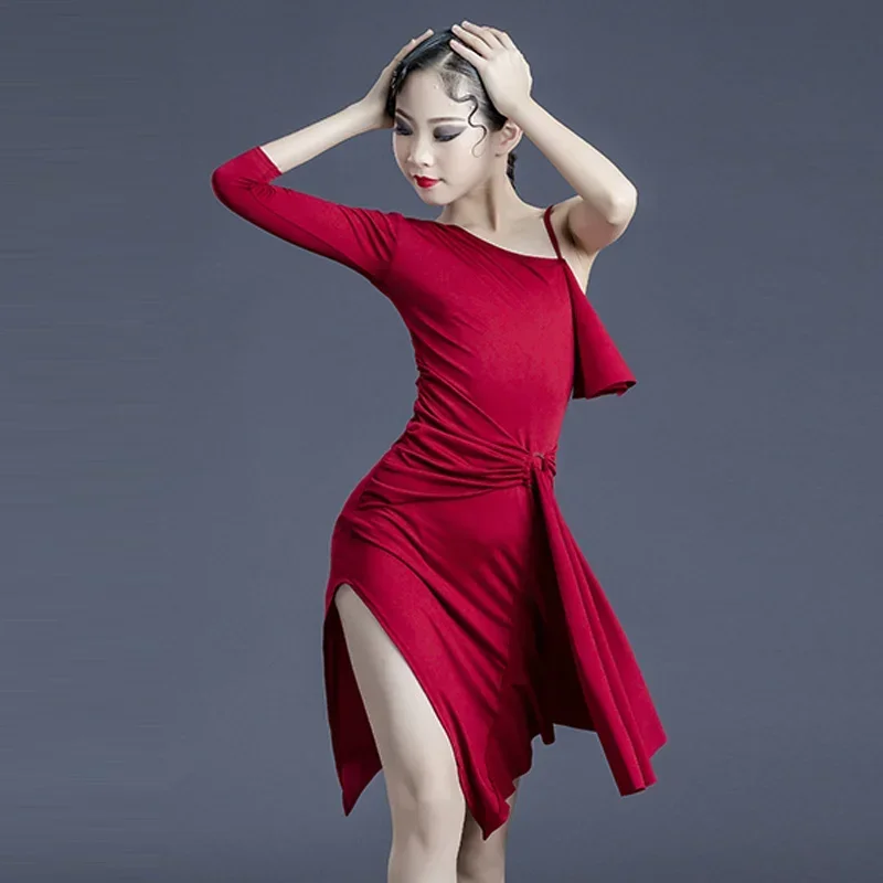 Single Sleeve Latin Dance Dress Girls Tango Rumba Dancing Clothes Red Dresses ChaCha Performance Costume Practice Wear