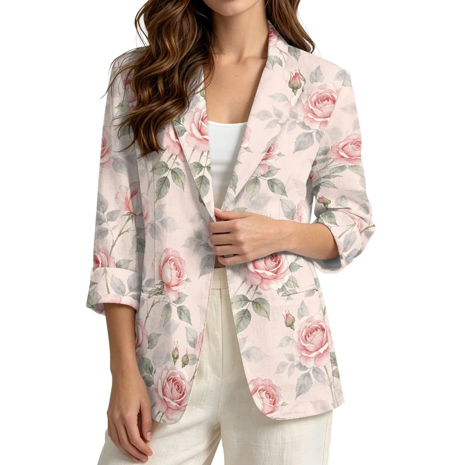 PENSTROLL Lightweight Linen Style Layering Top Open Front Beach Coverups for Work Pink Watercolor Rose