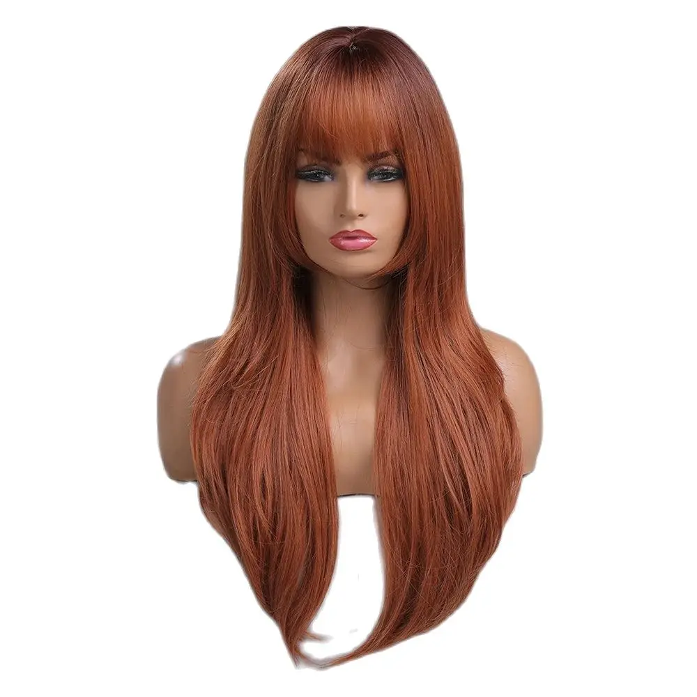 ALAN EATON Long Straight Synthetic Wigs for Women Red Brown Copper Ginger Wigs with Bangs Cosplay Daily Party Heat Resistant