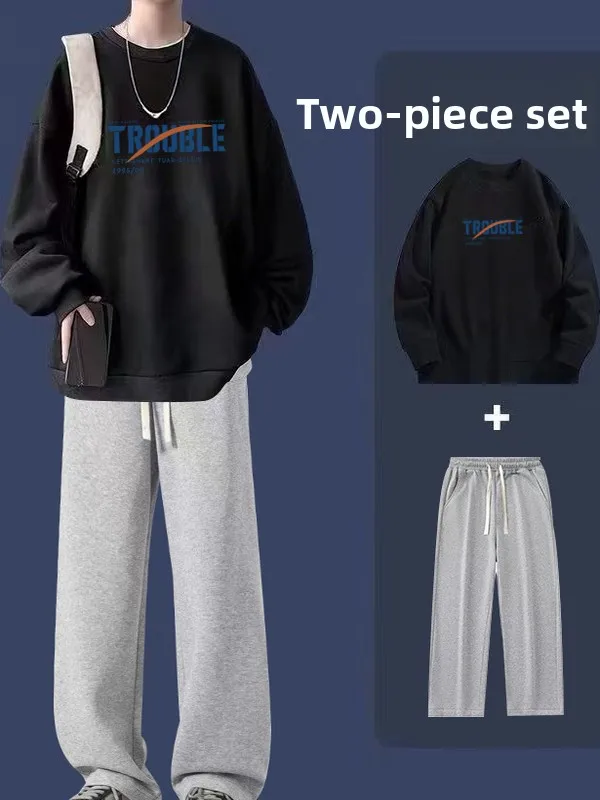

Мужской спортивный костюм для подростков, большой размер, свитшот с круглым вырезом, осенний комплект, длинные рукава, длинные брюки, повседневная спортивная одежда