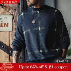 Maden Retro Geometric Pattern Knitted Sweater College Style Navy Blue Loose Round Neck Pullover for Men's  Fall and Winter Tops