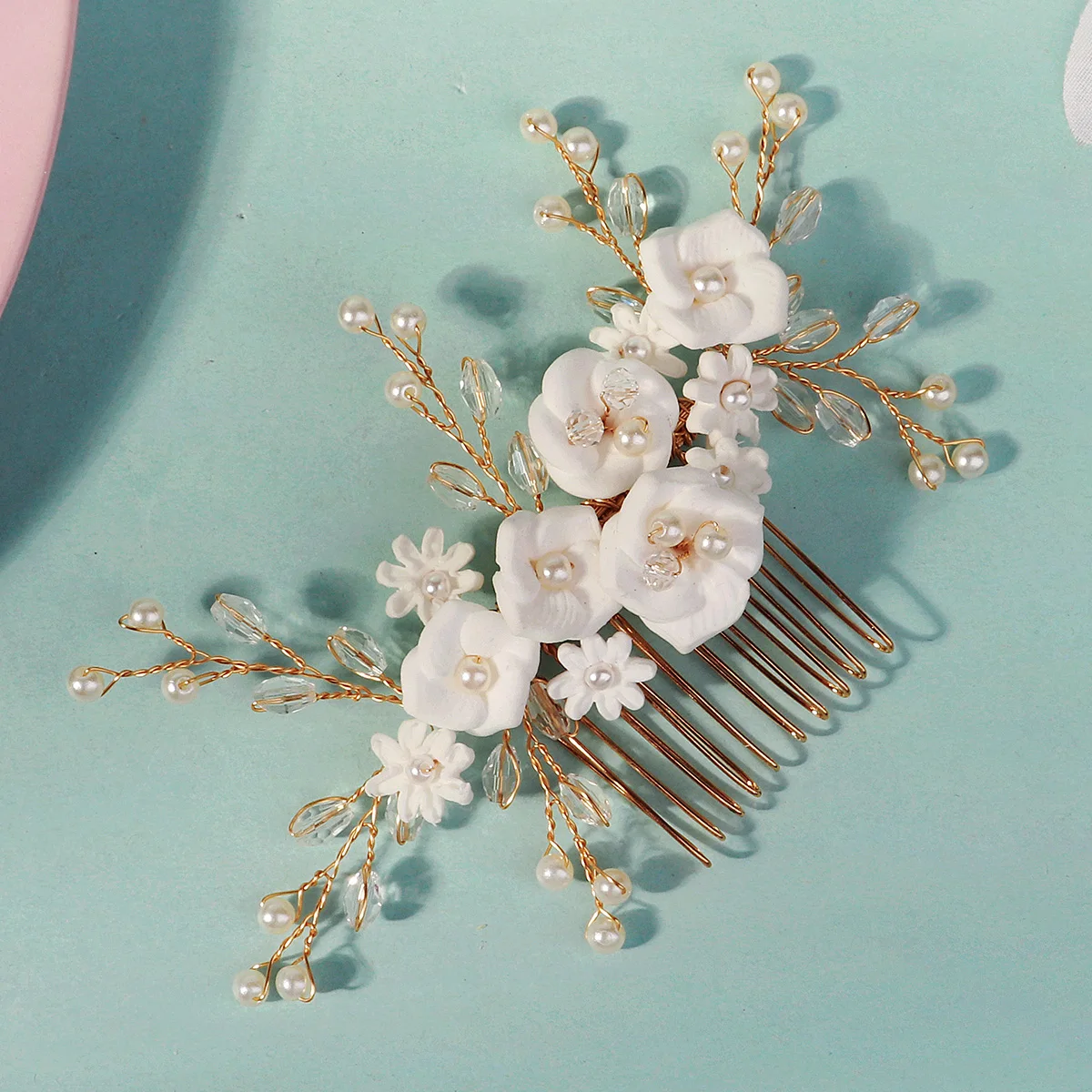 Elegante weiße Polymer Clay Blumen Damen Haarkämme Mode Kristall Perle Haarnadeln Braut Hochzeit Kopfschmuck Schmuck – Detail 11