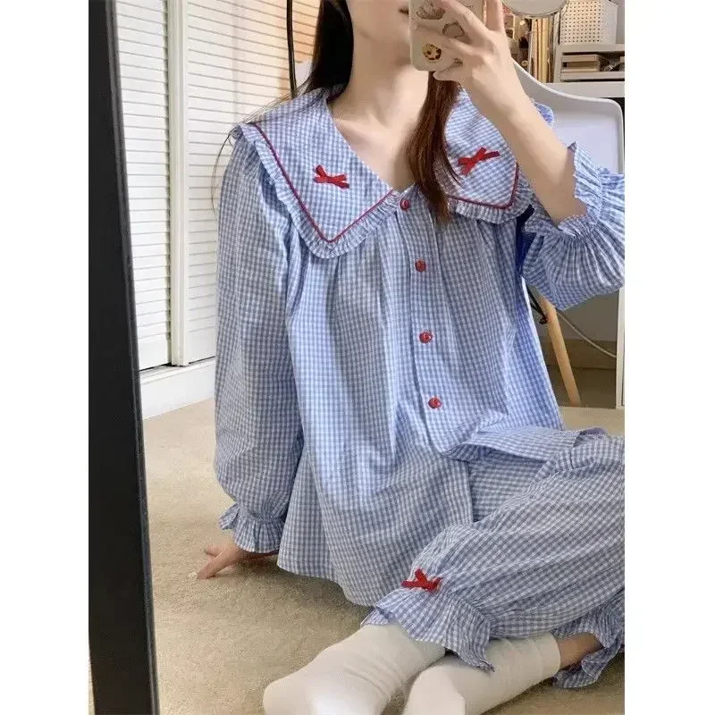 Plaid Sleepwear Women Pajama Sets Korean Piiama Ruffles Pants Sets 2 Pieces Autumn Bow Night Wears Peter Pan Collar Home Suit