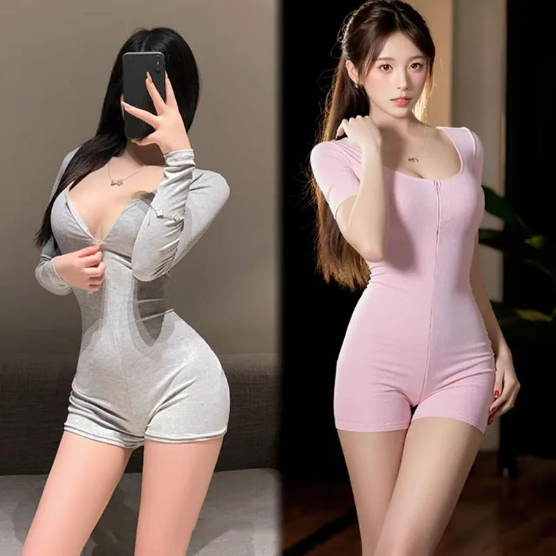 섹시한 짧은 요가 오픈 크로치 바디수트 긴 소매 슬림 핏 단색 브이넥 여성 피트니스 쇼츠 로우컷 지퍼 스포츠웨어