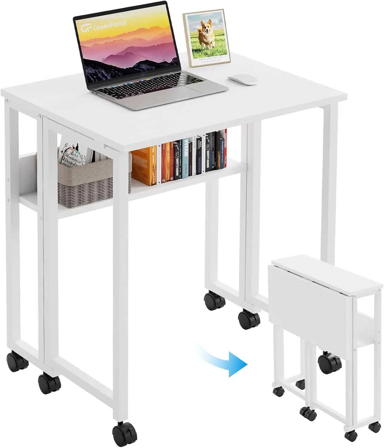 

Folding Desk with Wheels and Storage Shelf, 24.8 Inch Compact Portable Rolling Desk for Small Spaces, Mobile Foldable Co