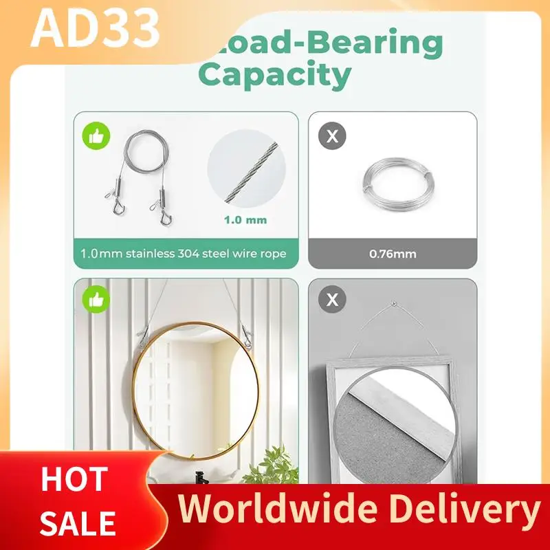 Lightweight Adjustable Picture Hanging Wire And D Rings With Small Clips, 8Pcs 3-Hole D Rings With Screws For Mirror/ Frame