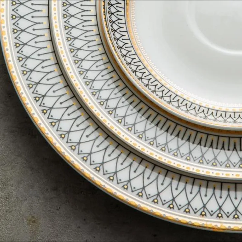 Creative Round Plaid Western Dinner Plate Exquisite Bone China Cooking Plate Modern Hotel Restaurant Tableware Kitchen Utensils