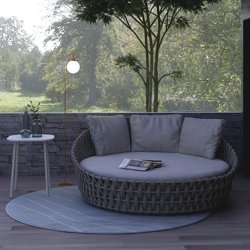 Nordic outdoor courtyard, rattan aluminum lounge chair leisure rattan rope large round bed villa garden outdoor, beach bed