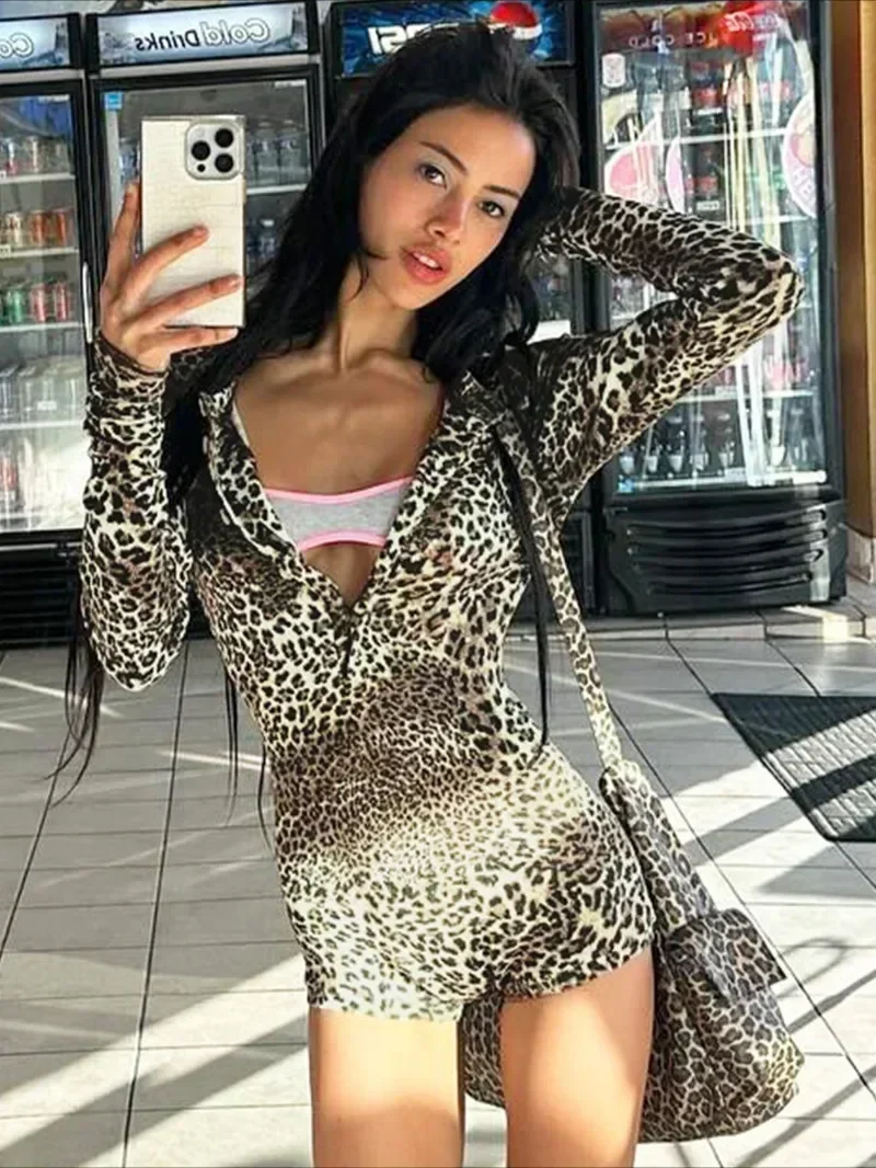 Women's Clothing Leopard Print Playsuits Night Club Streetwear Fashion Sexy Buttons Long Sleeve Skinny Bodysuit Sports Overalls