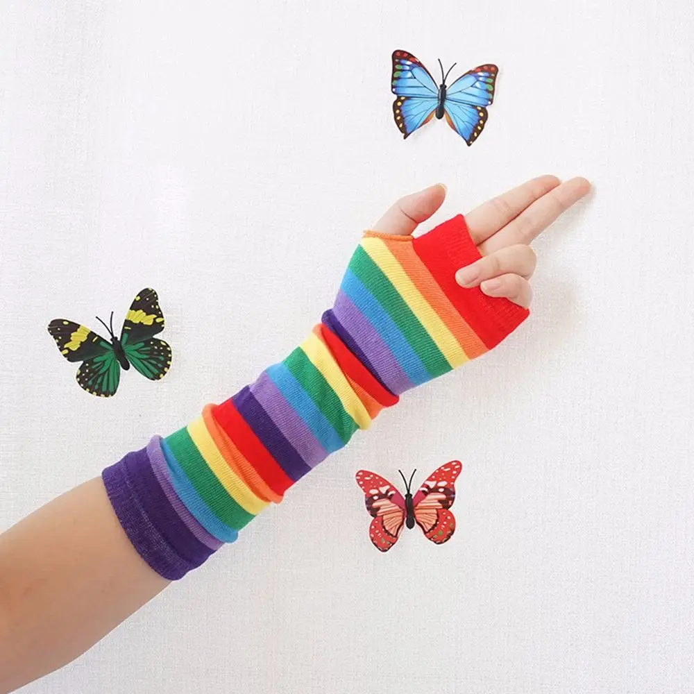 Sweet Elastic Summer Thin Girls Hand Sleeve Female Arm Warmers Rainbow Sleeve Cuff Striped Arm Warmers Knitting  Gloves