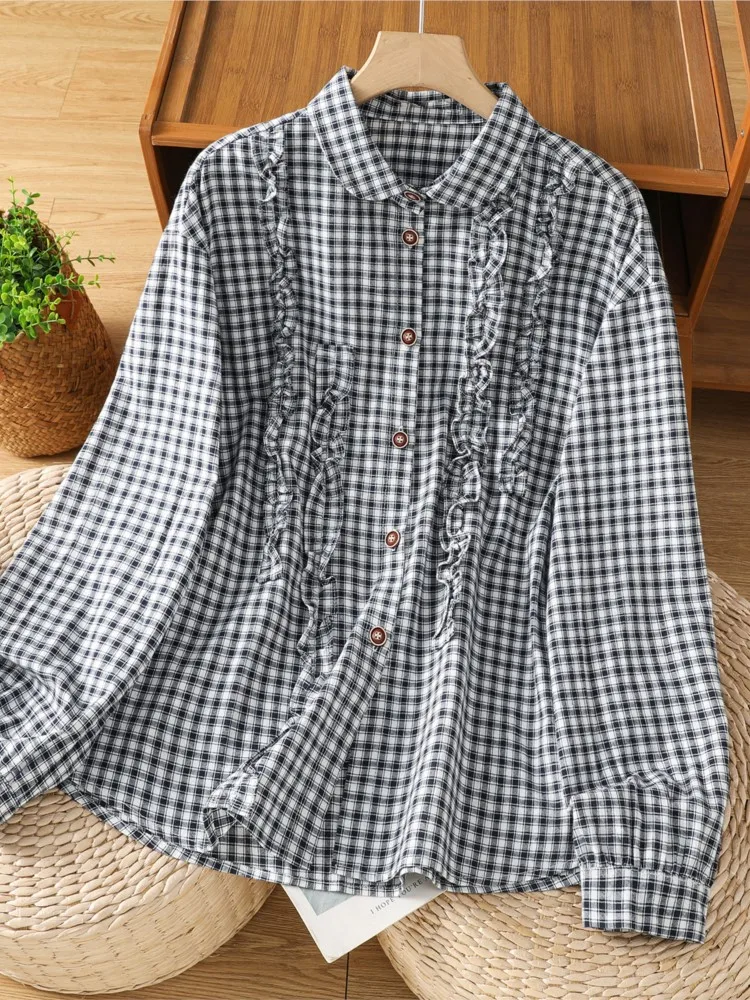 

Осенние клетчатые рубашки большого размера с принтом, женские плиссированные лоскутные рубашки с рюшами Modis, женские блузки с рукавами-фонариками, повседневные свободные женские рубашки
