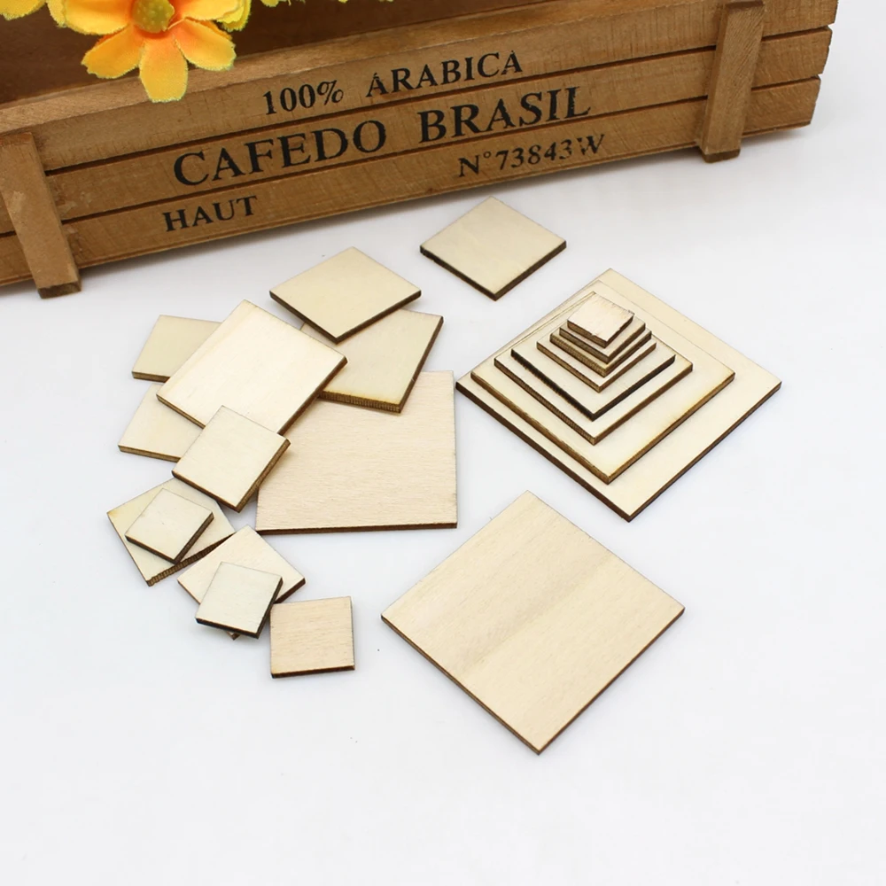 15/100pcs 10-50mm Unfinished squares Wood Sheet DIY Printed Blank Wooden Plate Model Slices Supplies Scrapbook Decorative Craft