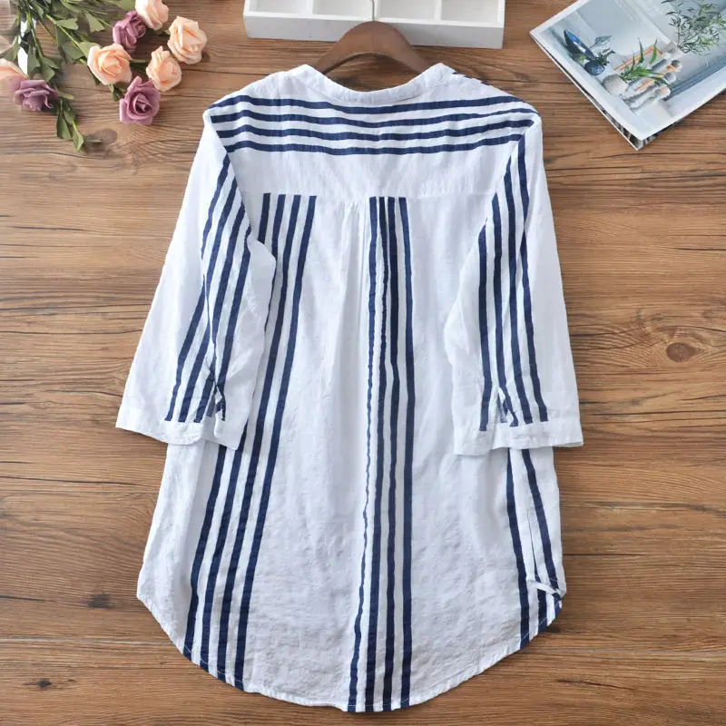 Irregular V-neck Slimming Vertical Stripe Pullover Short Sleeve T-shirt for Women\'s Summer Artistic Cotton Linen Loose Shirt Top