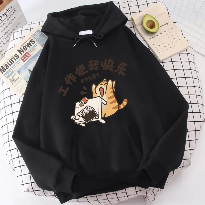 Fat Cat Slogans Work Is My Joy Boy Wei Clothing Casual High-Quality Hoodies Cartoon Fashion Hoody Daily Leisure Woolen Sweater