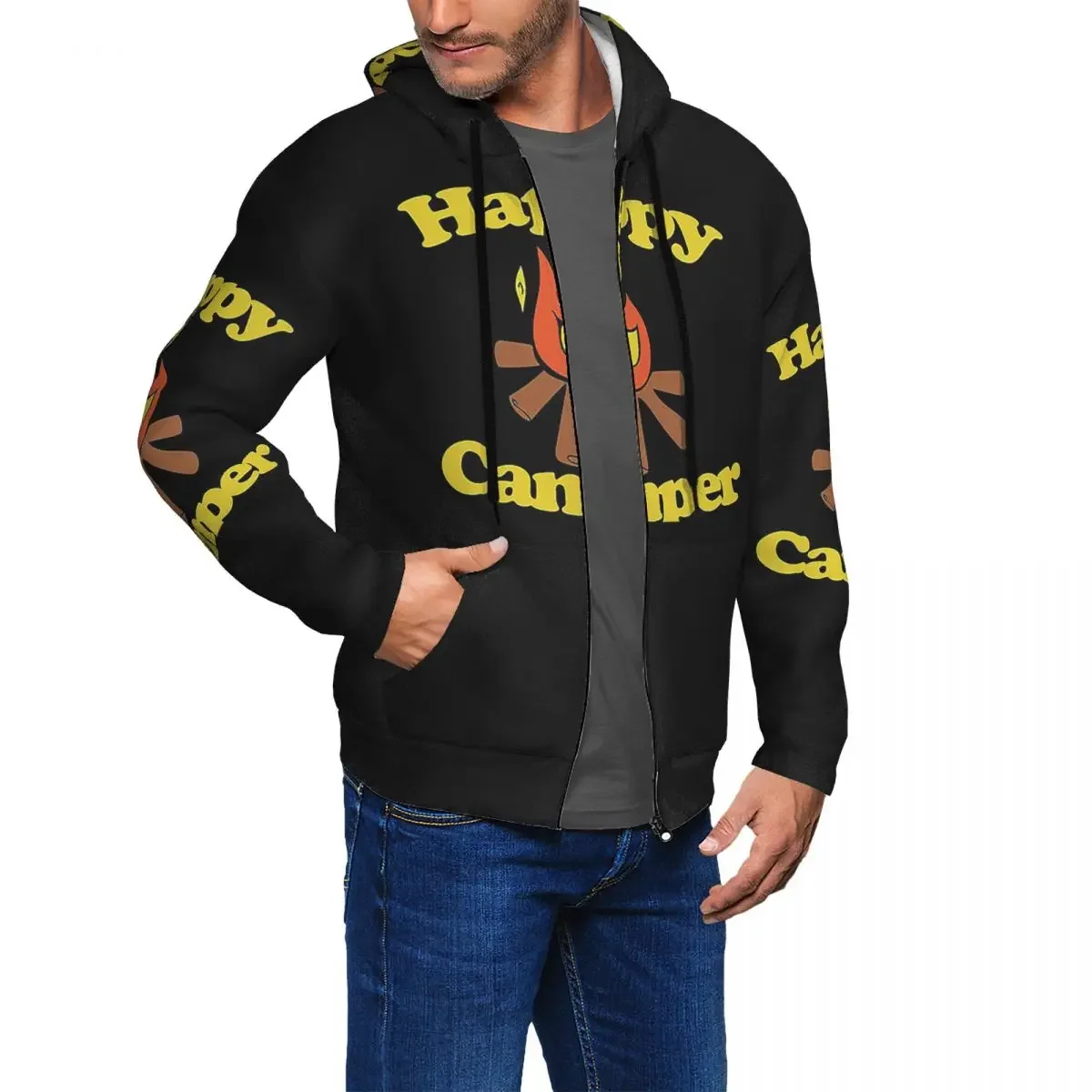 Happy Camper Sudadera con capucha y cremallera, jersey de Hip Hop, Otoño Invierno, sudadera para hombres y mujeres, camisetas de manga larga
