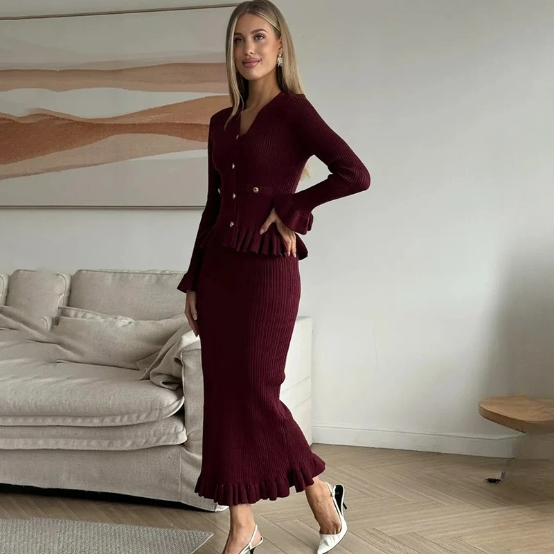 티켓엑스 브이넥 니트 드레스 세트 우아한 버튼 러플 스크류 스레드 패치워크 롱 드레스 세트 빈티지 오피스 레이디 스트리트 드레스 세트