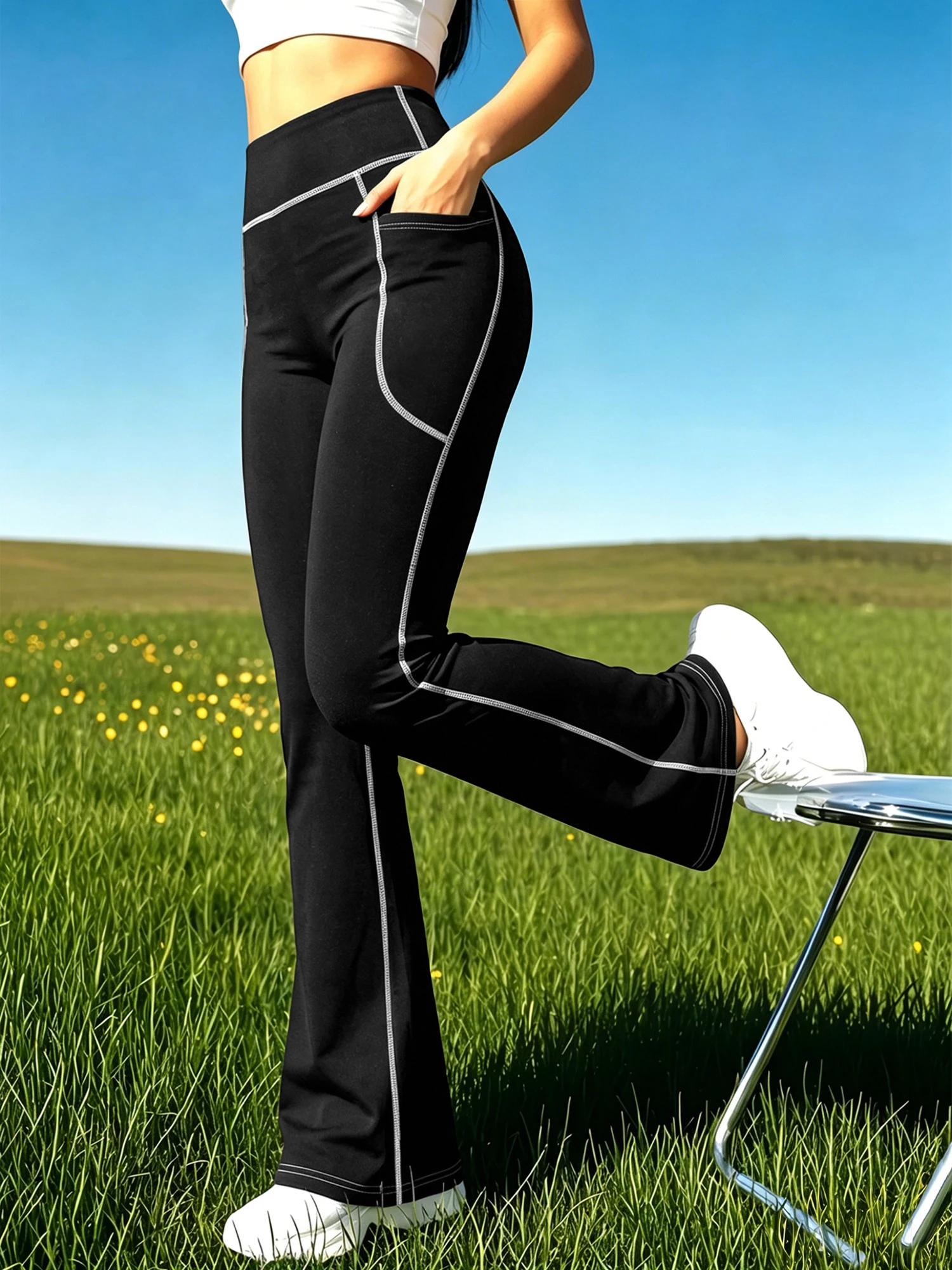 Women Side Storage Pocket Bootcut Fashion Pants White Outline Stitch High Rise Slim Flare Office Daily Trousers