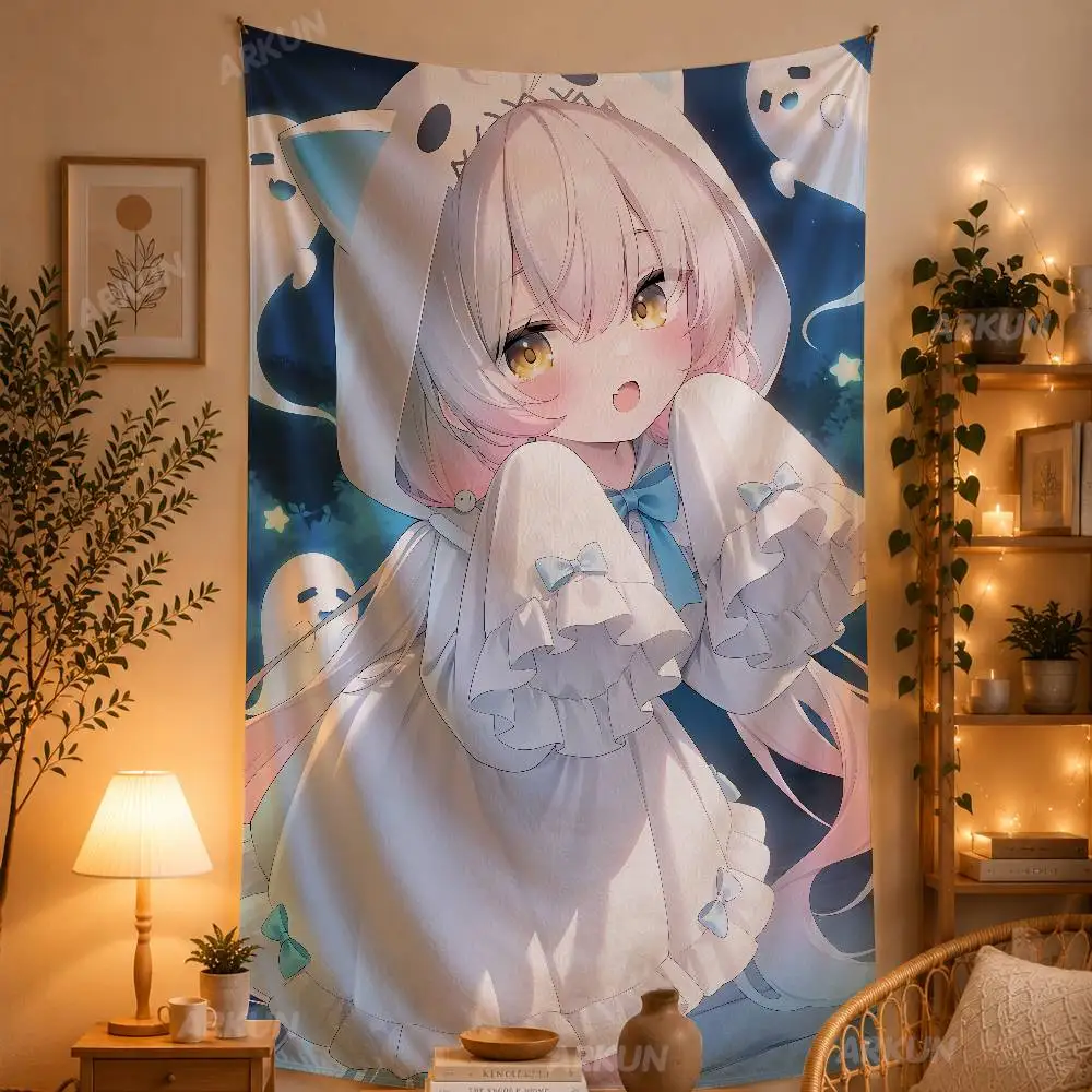 Cute White Hair Anime Girl Tapestry, Kawaii Cartoon Character Wall Hanging, Soft Wall Blanket, Aesthetic Cloth Backdrop Decor