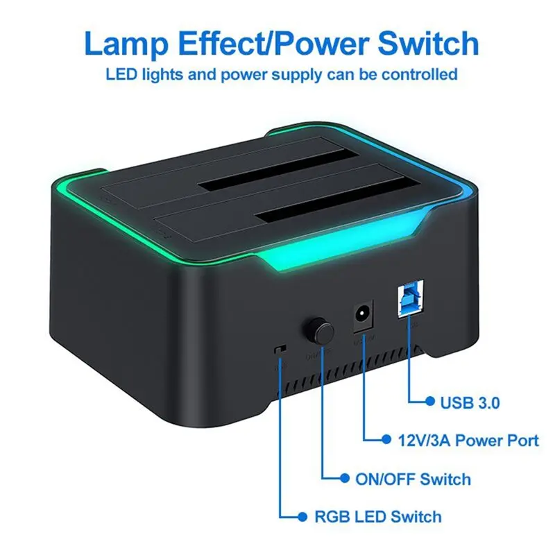 ULBS Hard Disk 2.5/3.5 Inch Enclosure USB 3.0 To SATA Dual Bay RGB Lamp Effect Hard Drive Docking Station Clone HDD SSD