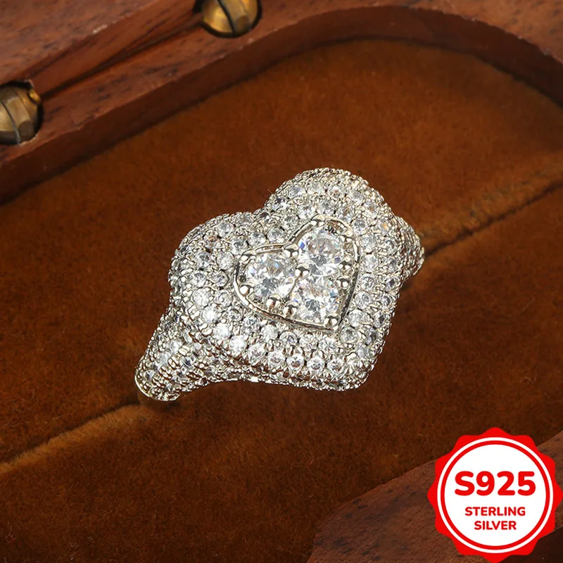 Luxurious and Versatile Authentic S925 Silver Heart-shaped Full Diamond Ladies Engagement and Proposal Ring French Style
