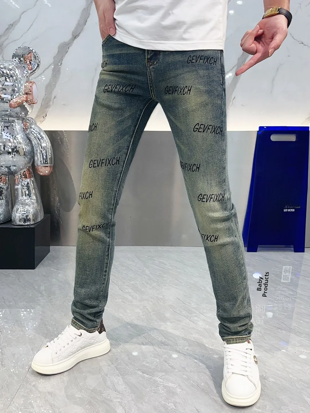 

Faionable Men's Slim Fit Jeans with Letter Print High Waist Digital Printing Waed Effect Slimming Effect All Season Wear